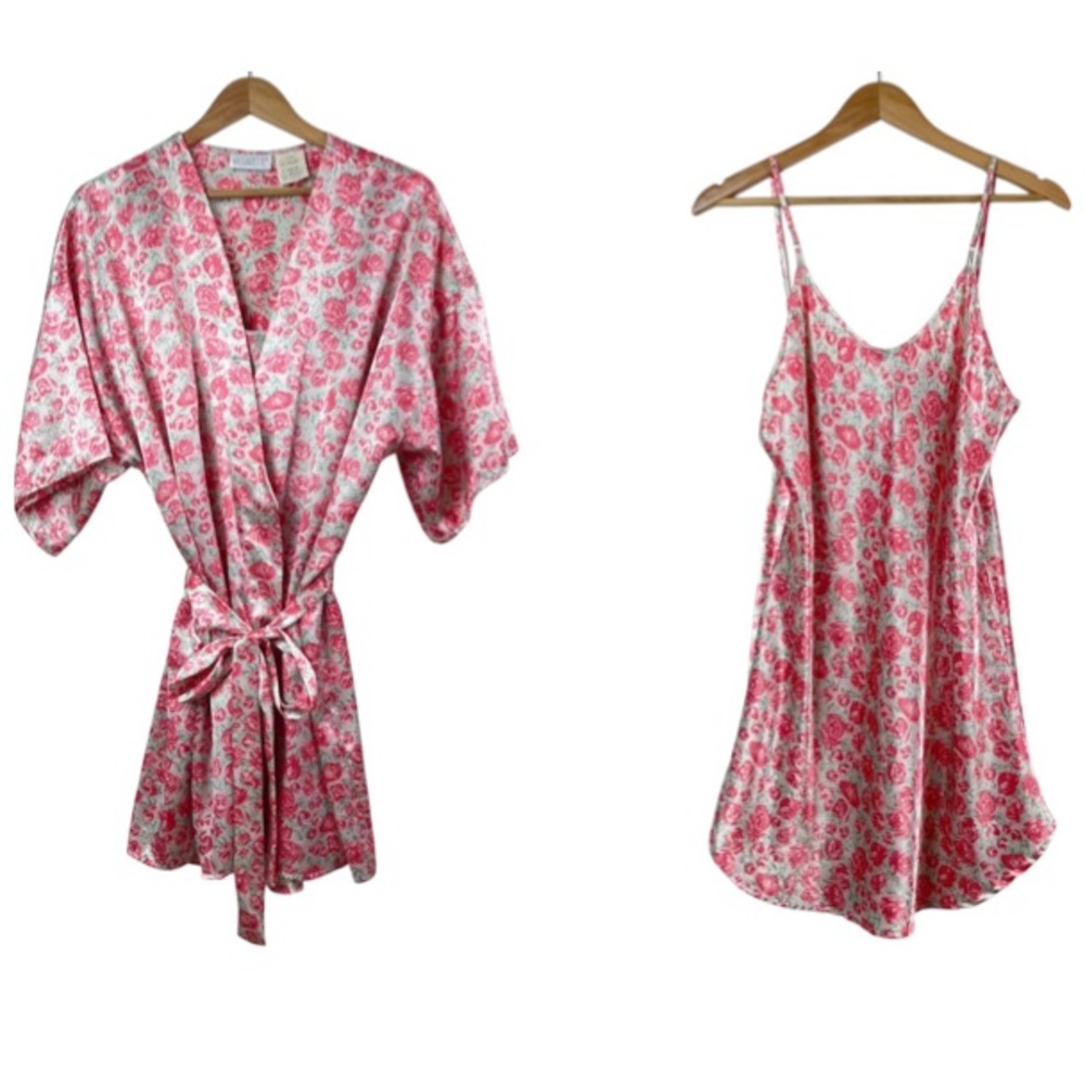 Vintage Vassarette Floral Satin Kimono-Style Robe Slip Dress Sleep Set Sz Large